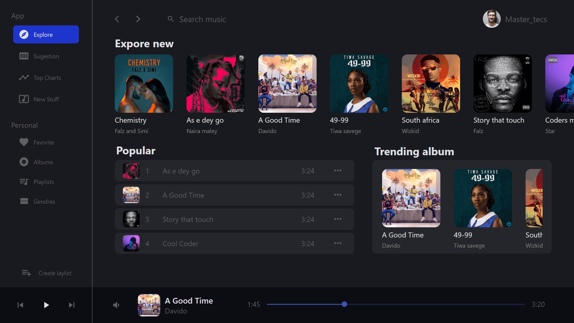 Portfolio project slide: musicapp-dark